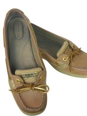Sperry Topsider Tan & Gold Eyelet Boat Shoes 9